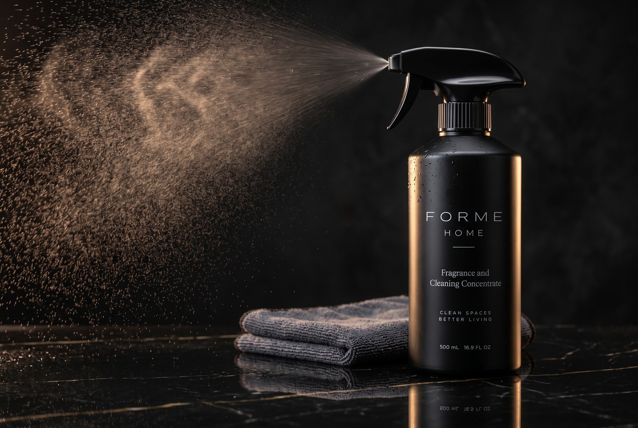 FORME HOME bottle with a fine mist on black marble