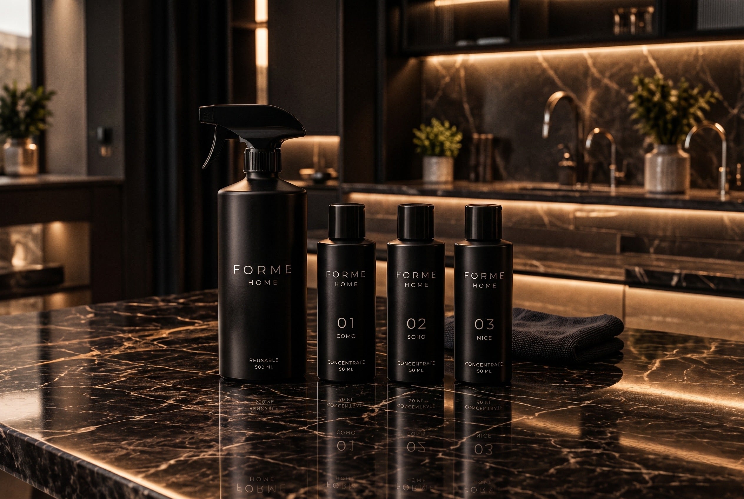 FORME HOME bottle and three concentrates on black marble