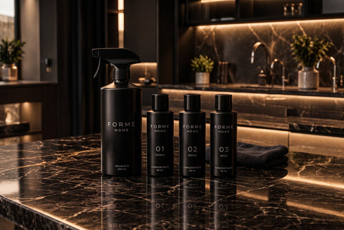 FORME HOME bottle and three concentrates on black marble